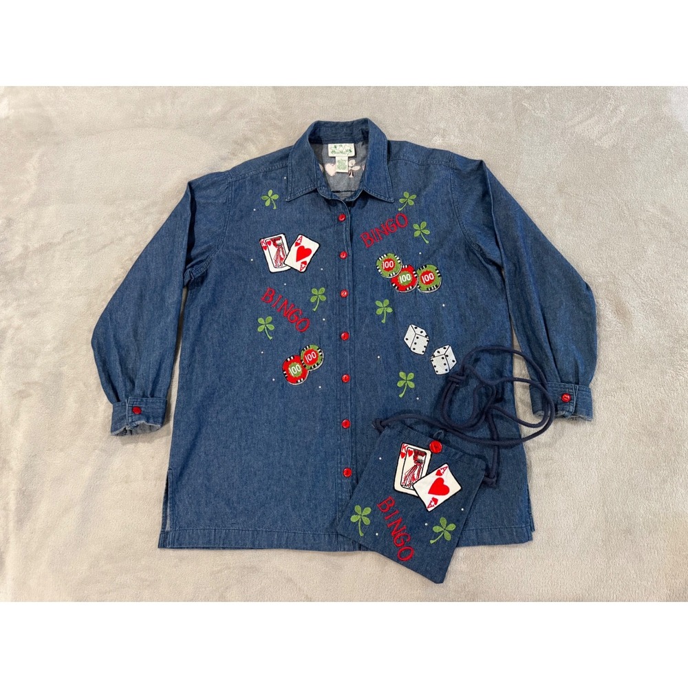 Quacker Factory Vintage Bingo Casino Denim Shirt and Matching Bag Set Blue XL